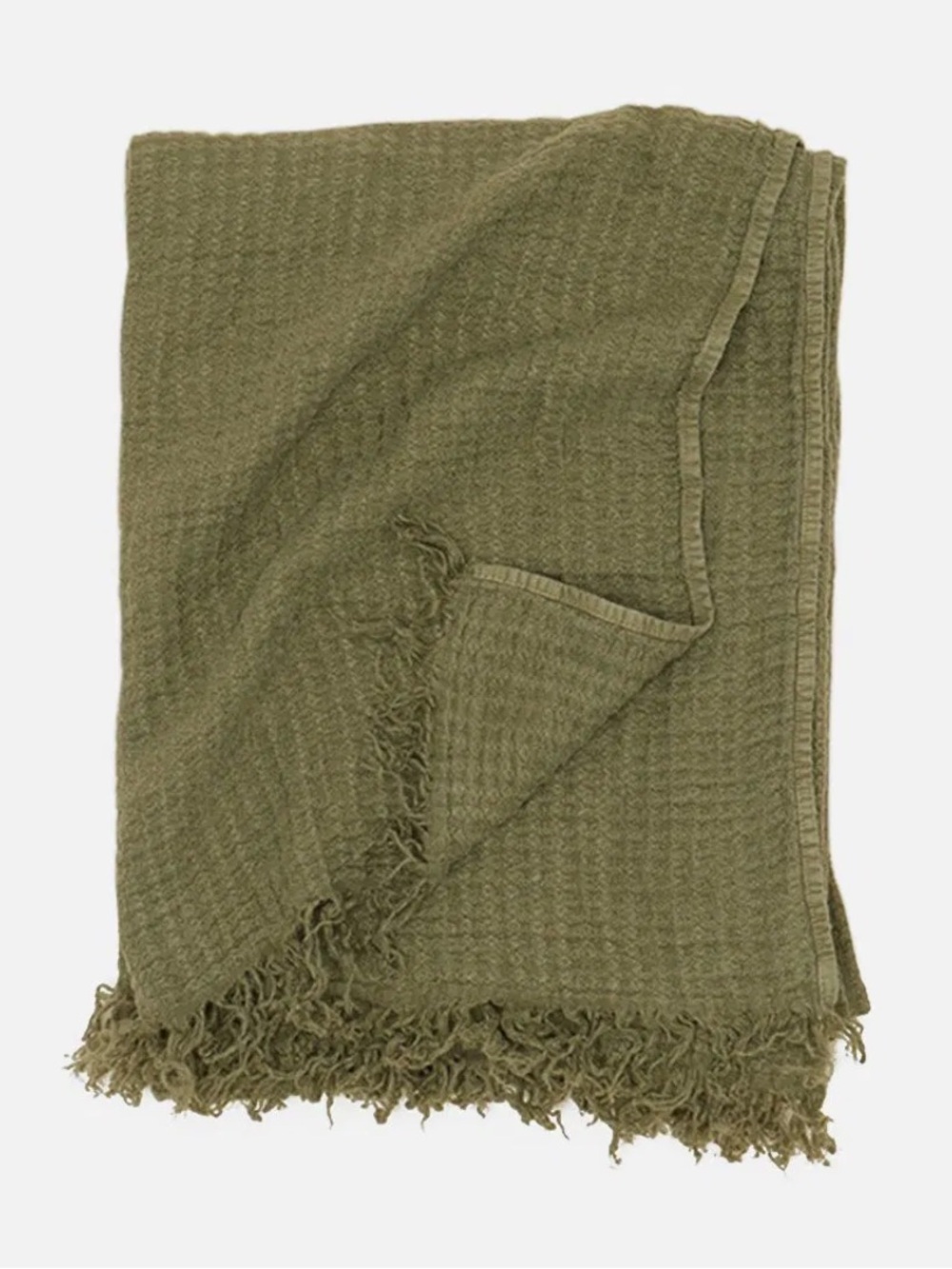 HAWKINS SIMPLE 100% CRINKLED LINEN THROW FRINGE EDGE WOVEN PORTUGAL OLIVE GREEN